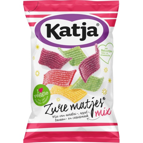 Katja Zure Matjes snoep, mix van aardbei-, appel-, banaan- en cassissmaak, zak van 250 g