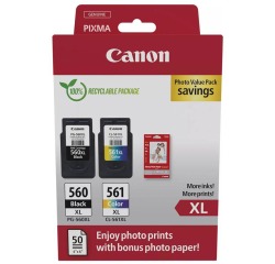 Canon PG-560 XL + CL-561 XL Pakket 2 zwarte en kleuren inktpatronen met hoge capaciteit + 1 pakket fotopapier 10 x 15 cm