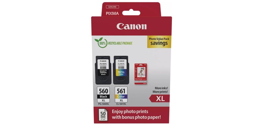 Canon PG-560 XL + CL-561 XL Pack 2 high-capacity black and color cartridges + 1 pack of 10 x 15 cm photo paper