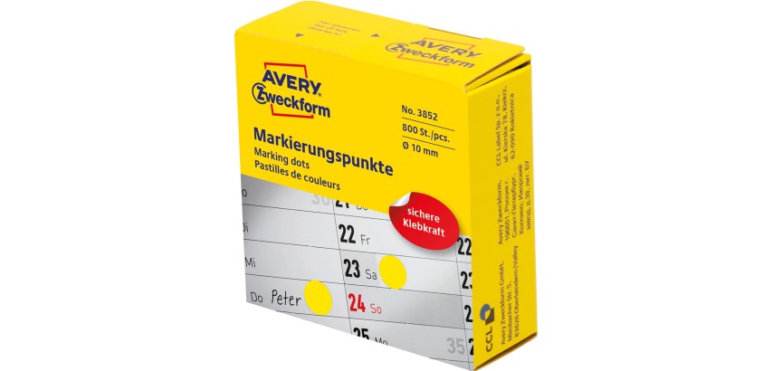 Avery marking dots, 10 mm diameter, roll with 800 pieces, yellow