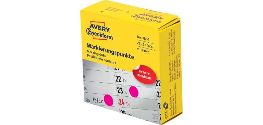 Avery marking dots, 19 mm diameter, roll with 250 pieces, pink