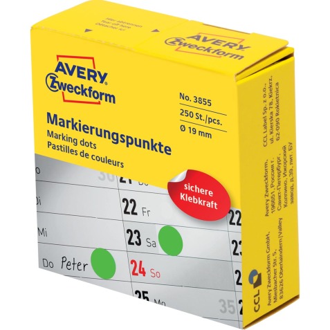 Avery marking dots, diamètre 19 mm, rouleau avec 250 pièces, vert