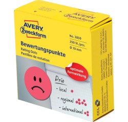 Avery rating dots, diameter 19 mm, rol met 250 stuks, smiley, rood