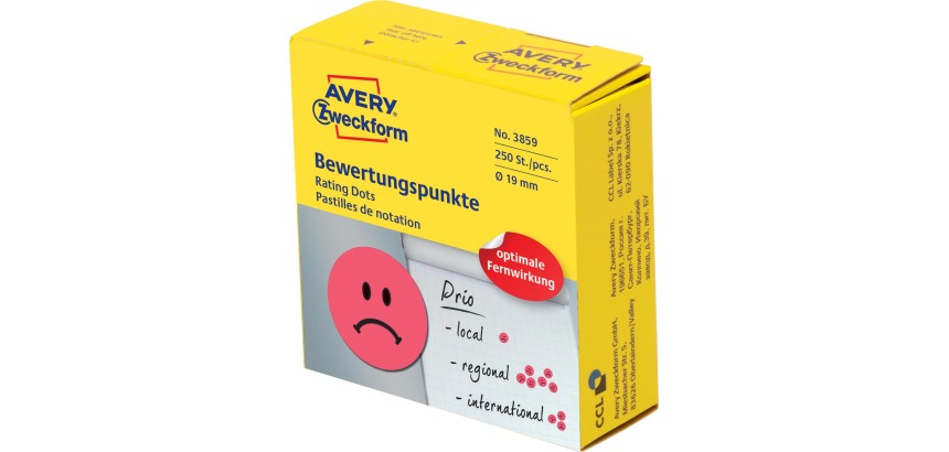 Avery rating dots, diameter 19 mm, roll with 250 pieces, smiley, red