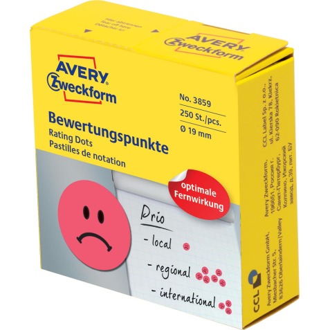 Avery rating dots, diamètre 19 mm, rouleau avec 250 pièces, smiley, rouge