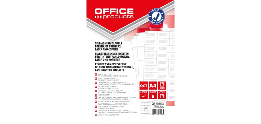 OFFICE products etiketten, wit, rechte hoeken, 100 vel, 70 x 36 mm, 24 etiketten per vel