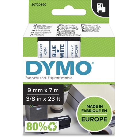 Dymo D1 ruban 9 mm, bleu sur blanc