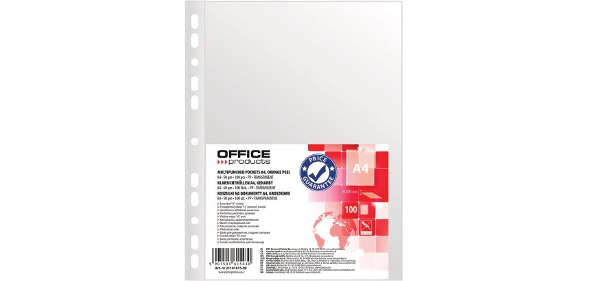 OFFICE products punched pocket, A4, 50 microns, grained, pack of 100 pieces