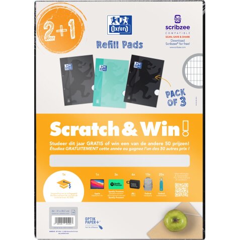 Oxford School bloc de cours A4, 100 feuilles, assorti, quadrillé commercial, 2 + 1 gratis, Scratch & Win