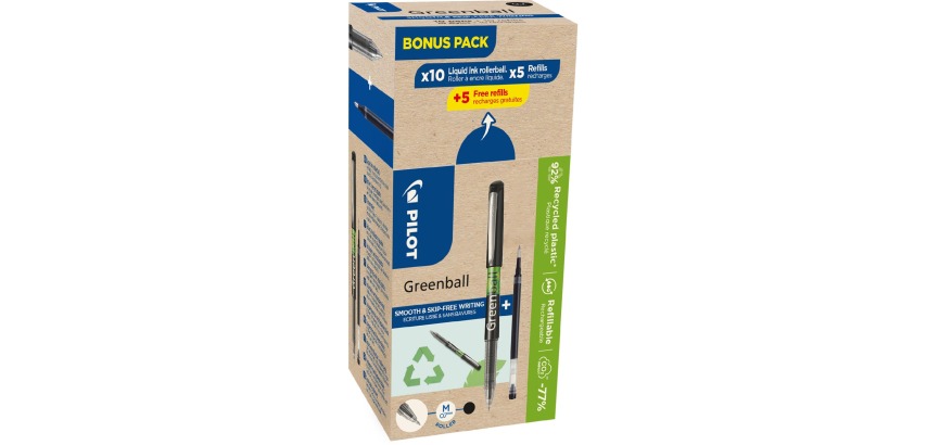 Pilot Greenball roller, pointe medium, 10 rollers + 10 recharges, medium, noir