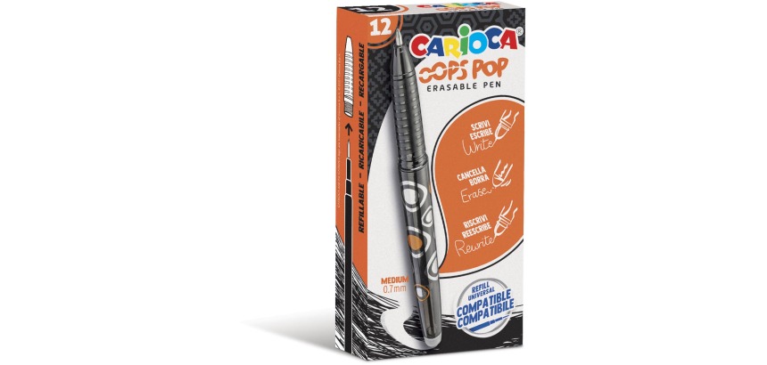 Carioca roller gel Oops Pop, medium, effaçable, boîte de 12 pièces, noir