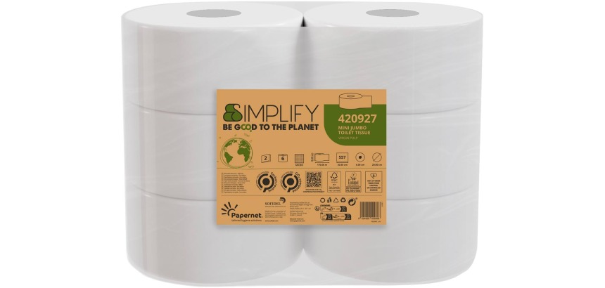 Papernet toiletpapier Simplify Mini Jumbo, 2-laags, 557 vellen, pak van 6 rollen