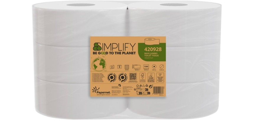 Papernet toiletpapier Simplify Maxi Jumbo, 2-laags, 1305 vellen, pak van 6 rollen