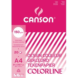 Canson papier à dessin Colorline, 150 g, ft 21 x 29,7 cm, A4, couleurs assorties, bloc de 20 feuilles