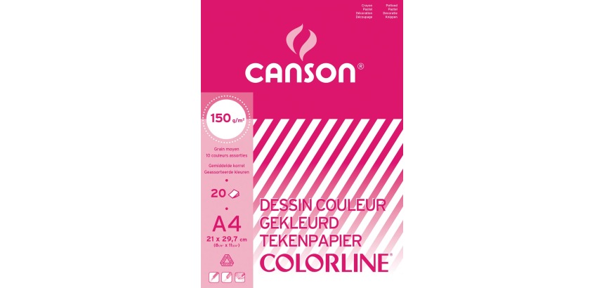 Canson Zeichenpapier Colorline, 150 g, Format 21 x 29,7 cm, A4, gemischte Farben, Block mit 20 Blättern