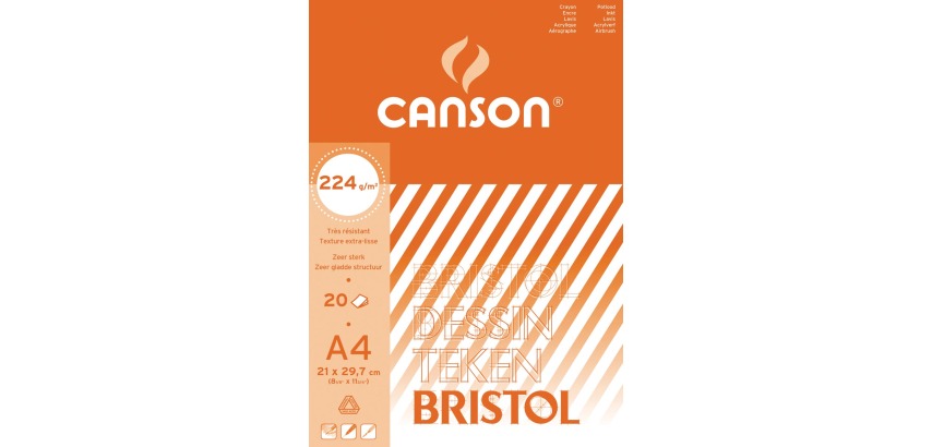 Canson Bristol drawing paper, 224 g, size 21 x 29.7 cm, A4, pad of 20 sheets