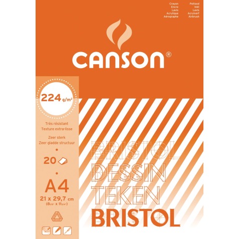 Canson papier à dessin Bristol, 224 g, ft 21 x 29,7 cm, A4, bloc de 20 feuilles