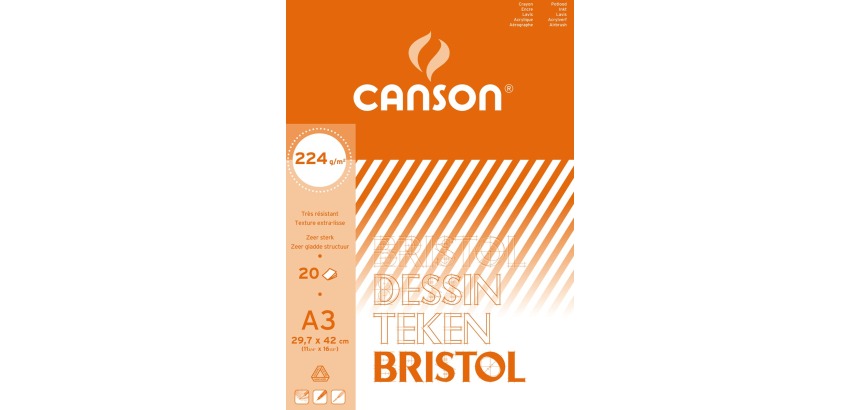 Canson papier à dessin Bristol, 224 g, ft 29,7 x 42 cm, A3, bloc de 20 feuilles