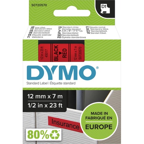 Dymo D1 ruban 12 mm, noir sur rouge