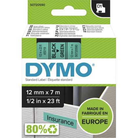 Dymo D1 ruban 12 mm, noir sur vert