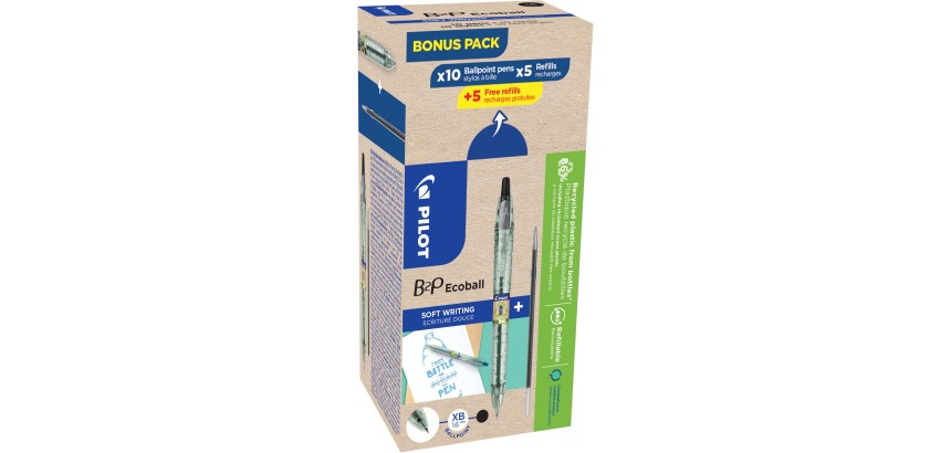 Pilot Ecoball B2P BeGreen stylo bille, large, noir, boîte de 10 pièces + 10 recharges