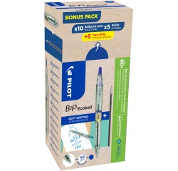 Pilot Ecoball B2P BeGreen stylo bille, large, bleu, boîte de 10 pièces + 10 recharges