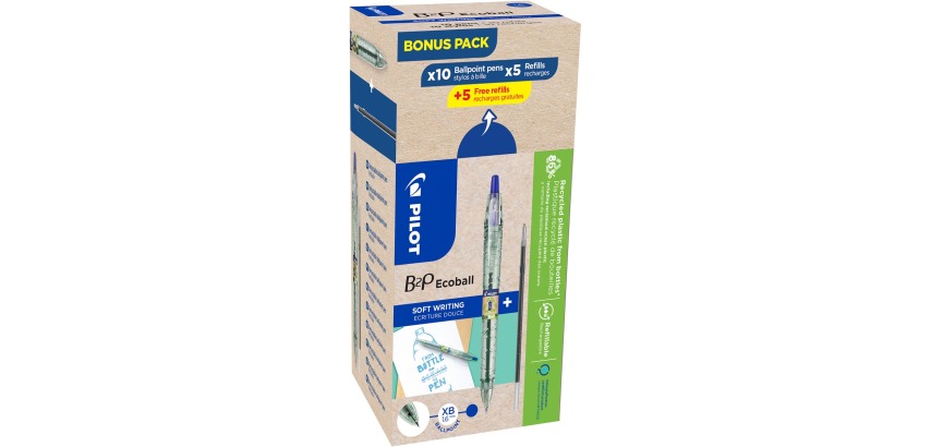 Pilot Ecoball B2P BeGreen stylo bille, large, bleu, boîte de 10 pièces + 10 recharges