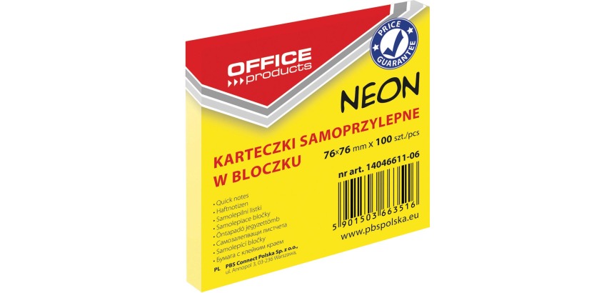 OFFICE products bloc mémo Neon, 76 x 76 mm, 100 feuilles, jaune néon