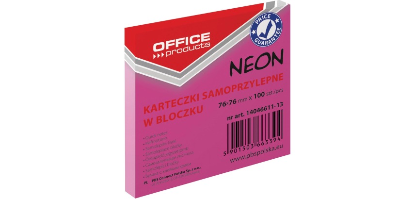 OFFICE Produkte Notizblock Neon, 76 x 76 mm, 100 Blatt, Neonrosa