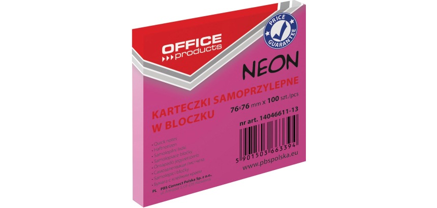 OFFICE products bloc mémo Neon, 76 x 76 mm, 100 feuilles, rose néon