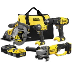 Stanley Fatmax perceuse et visseuse à percussion, scie circ., meuleuse d'angle 18V + 2 batteries +softbag