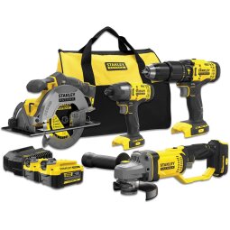 Stanley Fatmax schroefklopboor, slagschroevendraaier, cirkelzaag, haakse slijper 18V + 2 accu's + softbag