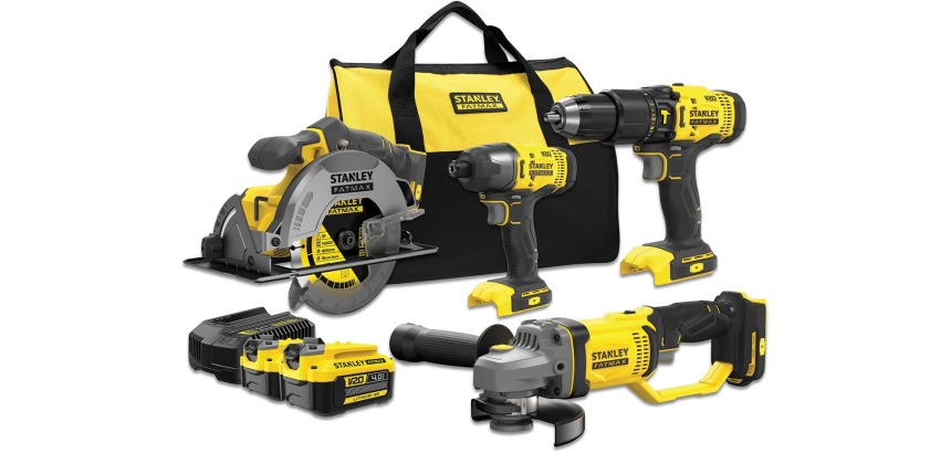 Stanley Fatmax perceuse et visseuse à percussion, scie circ., meuleuse d'angle 18V + 2 batteries +softbag