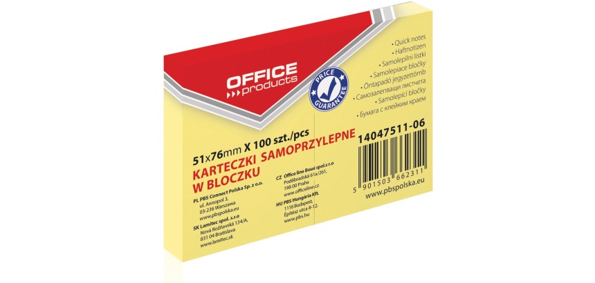 OFFICE products bloc mémo, 51 x 76 mm, 100 feuilles, jaune