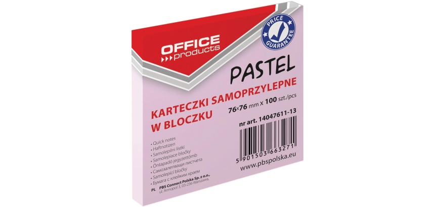 OFFICE products bloc mémo Pastel, 76 x 76 mm, 100 feuilles, rose pastel