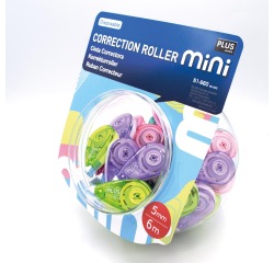 Plus dérouleur de correction Mini Pastel, 6m x 5mm, présentoir de 50 pièces en couleurs assorties