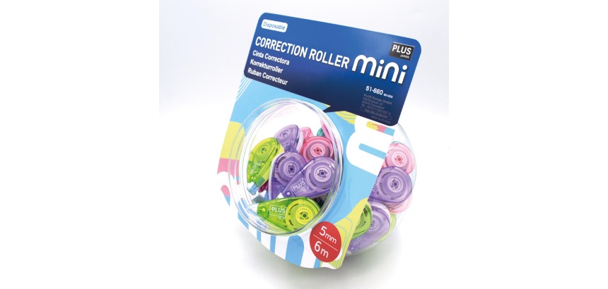 Plus correctieroller Mini Pastel, 6 m x 5 mm, display van 50 stuks in geassorteerde kleuren