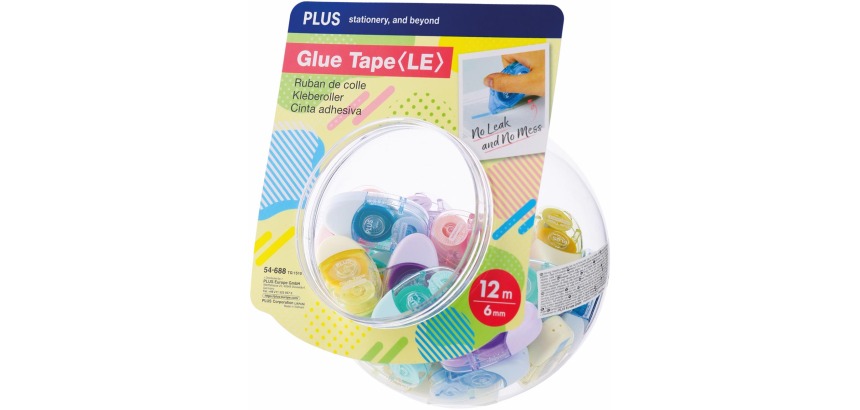 Plus dérouleur de colle, 12m x 6 mm, présentoir de 30 pièces en couleurs assorties