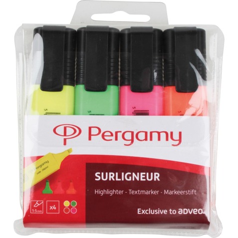 Pergamy markeerstift, etui van 4 stuks: oranje, groen, roze en geel