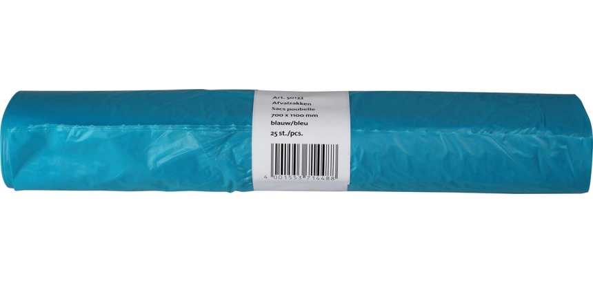 Sac poubelle 20 microns, ft 70 x 110 x 0,2 cm, 120 litres, PEHD recyclé, bleu,  rouleau de 25 pièces