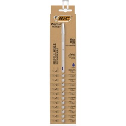 Bic balpen Cristal Re-new, zilveren lichaam, blauwe inkt, clipstrip van 12 stuks