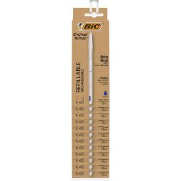 Bic stylo à bille Cristal Re-new, corps argent, encre bleu, clipstrip de 12 pièces