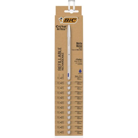 Bic balpen Cristal Re-new, zilveren lichaam, blauwe inkt, clipstrip van 12 stuks