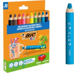 Kleurpotloden BicKids Multi Surface + puntenslijper assorti 10 stuks