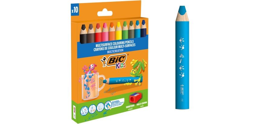 Buntstift BIC Kids Multisurface inklusive Anspitzer, sortiert, Packung mit 10 Stück