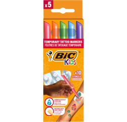 Bic Kids kit de marqueurs de tatouage, assorti, set de 5 stylos et 10 pochoirs