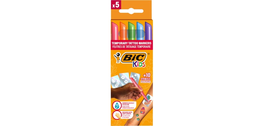 Bic Kids tattoo marker kit, assorted, set of 5 pens and 10 stencils