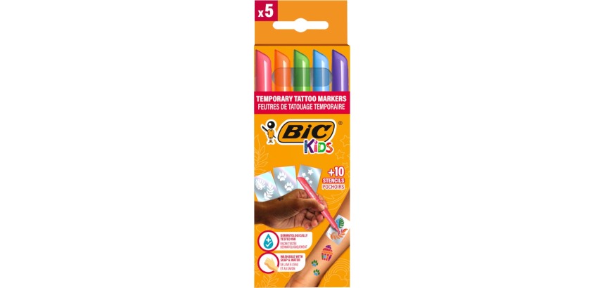 Bic Kids kit de marqueurs de tatouage, assorti, set de 5 stylos et 10 pochoirs