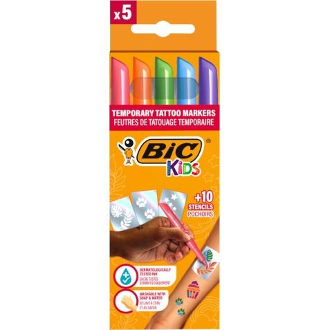 Bic Kids kit de marqueurs de tatouage, assorti, set de 5 stylos et 10 pochoirs