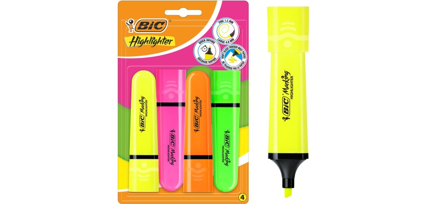 Bic Highlighter Flat, assorted colors, pack of 4 pieces